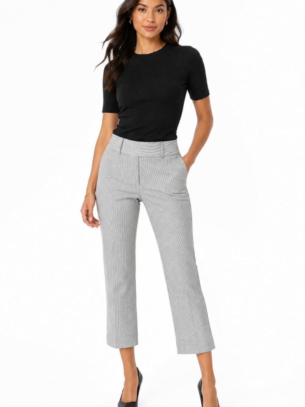 Banana Republic Petite Gray Mini‑Stripe Pants – Size 10P